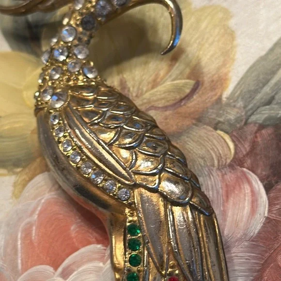 Vintage 30’s Bird of Paradise pot metal w/vermeil/rhinestones brooch 5 3/8” - Picture 5 of 14